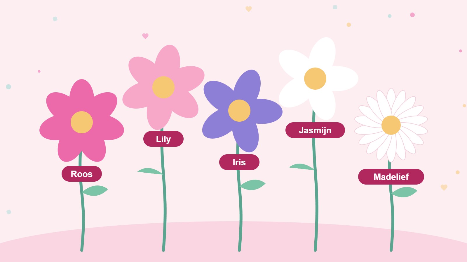 Bloemennamen voor meisjes: vijf getekende bloemen met de namen Roos, Lily, Iris, Jasmijn en Madelief
