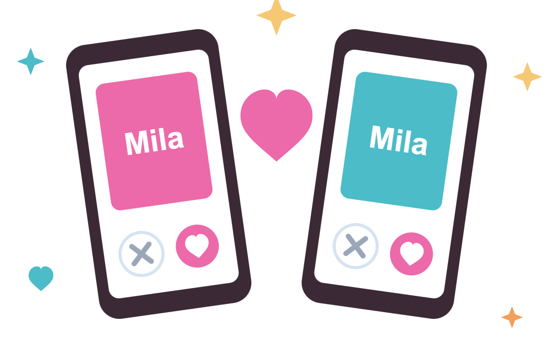 Twee telefoons die allebei de naam Mila tonen, met een roze hart ertussen