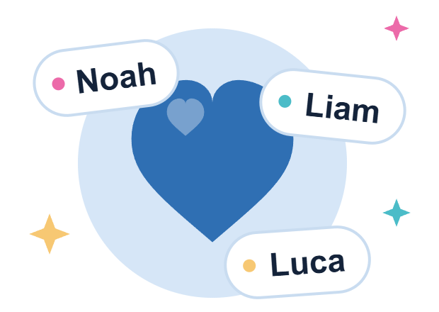 Een blauw hart met naamlabels voor Noah, Liam en Luca