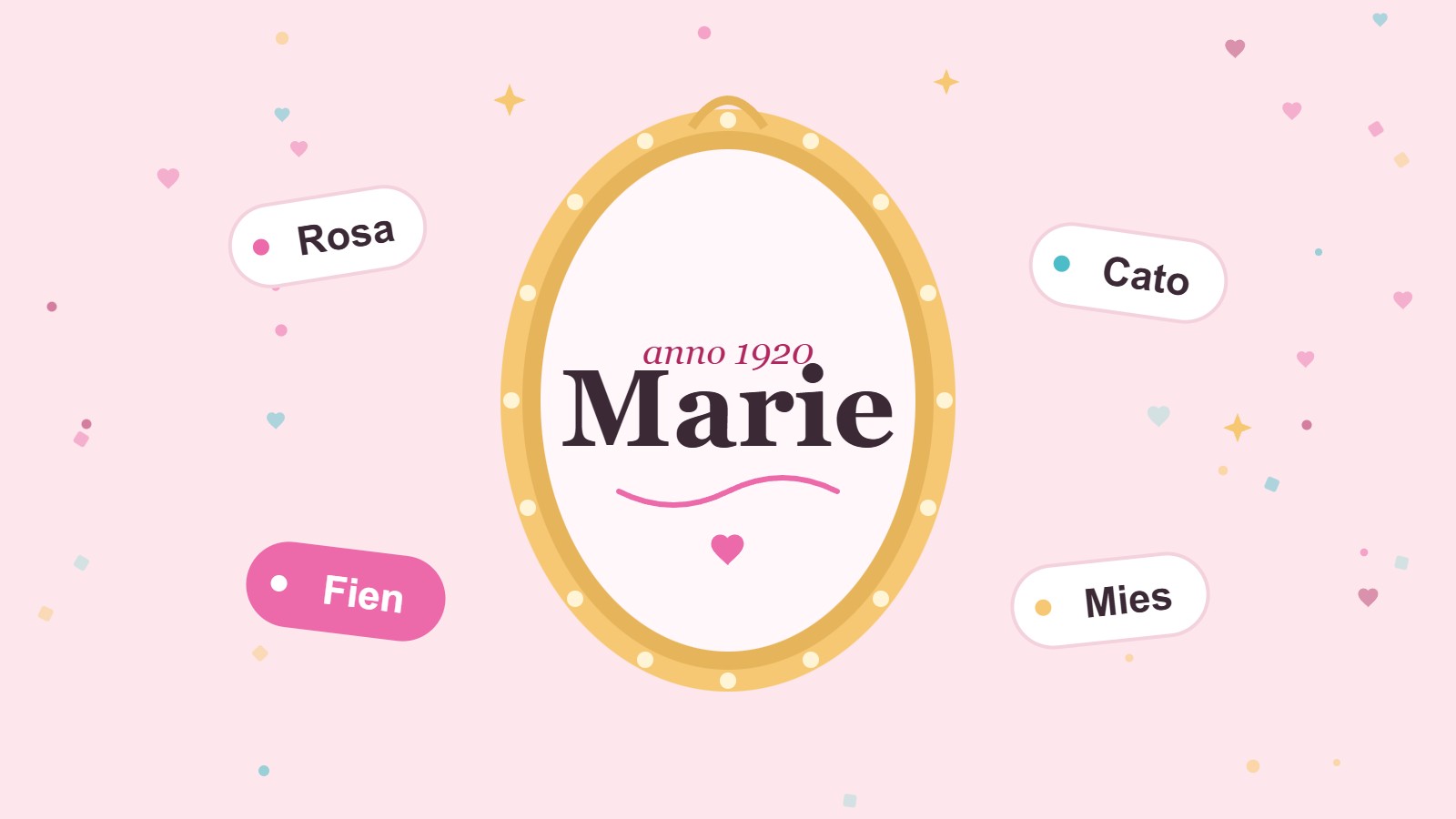 Klassieke meisjesnamen: een ouderwetse fotolijst met de naam Marie, omringd door labels met Rosa, Cato en Mies
