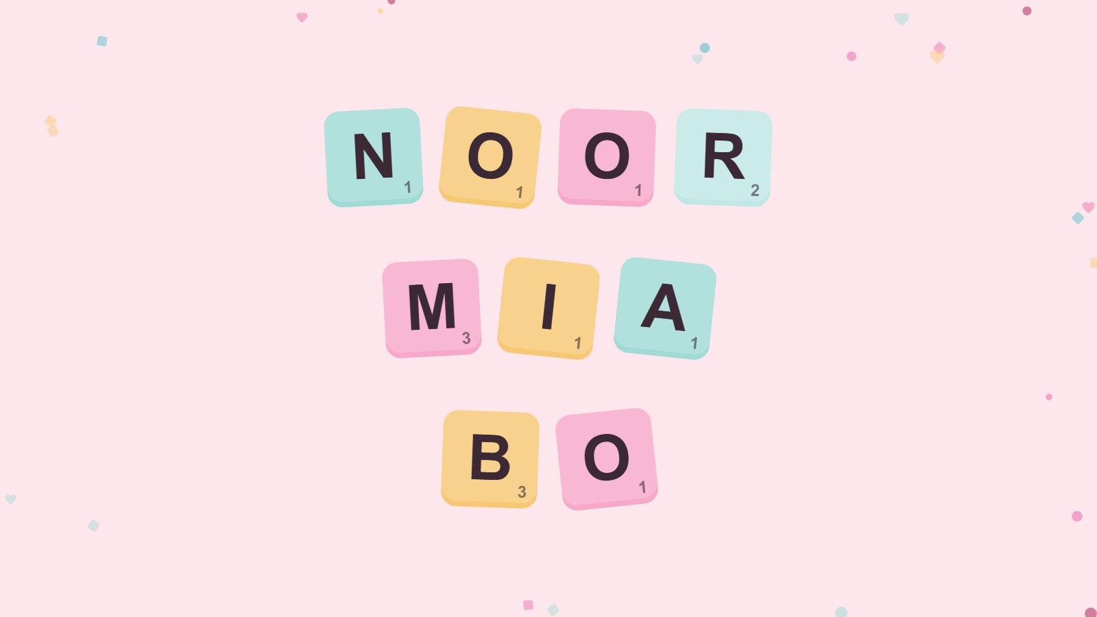 Korte meisjesnamen: letterblokjes die de namen Noor, Mia en Bo vormen