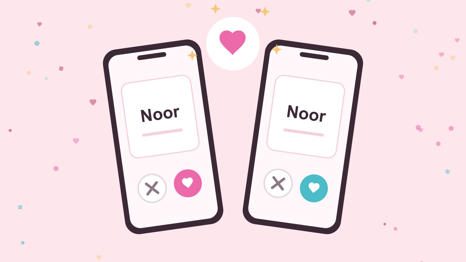 Een meisjesnaam kiezen: twee telefoons die allebei de naam Noor tonen, met een hartje erboven